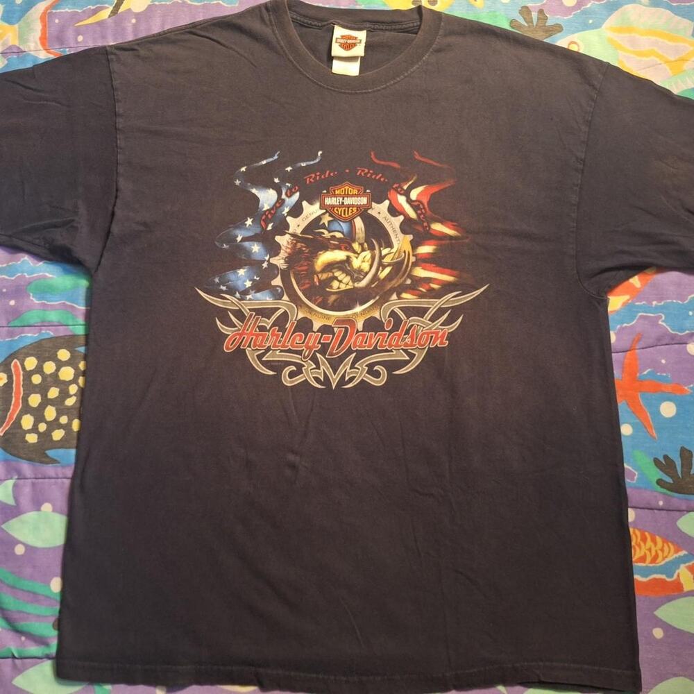 2009 Harley Davidson Las Vegas, NV Hog Flag Graphic Navy Blue T-Shirt Men's 2XL